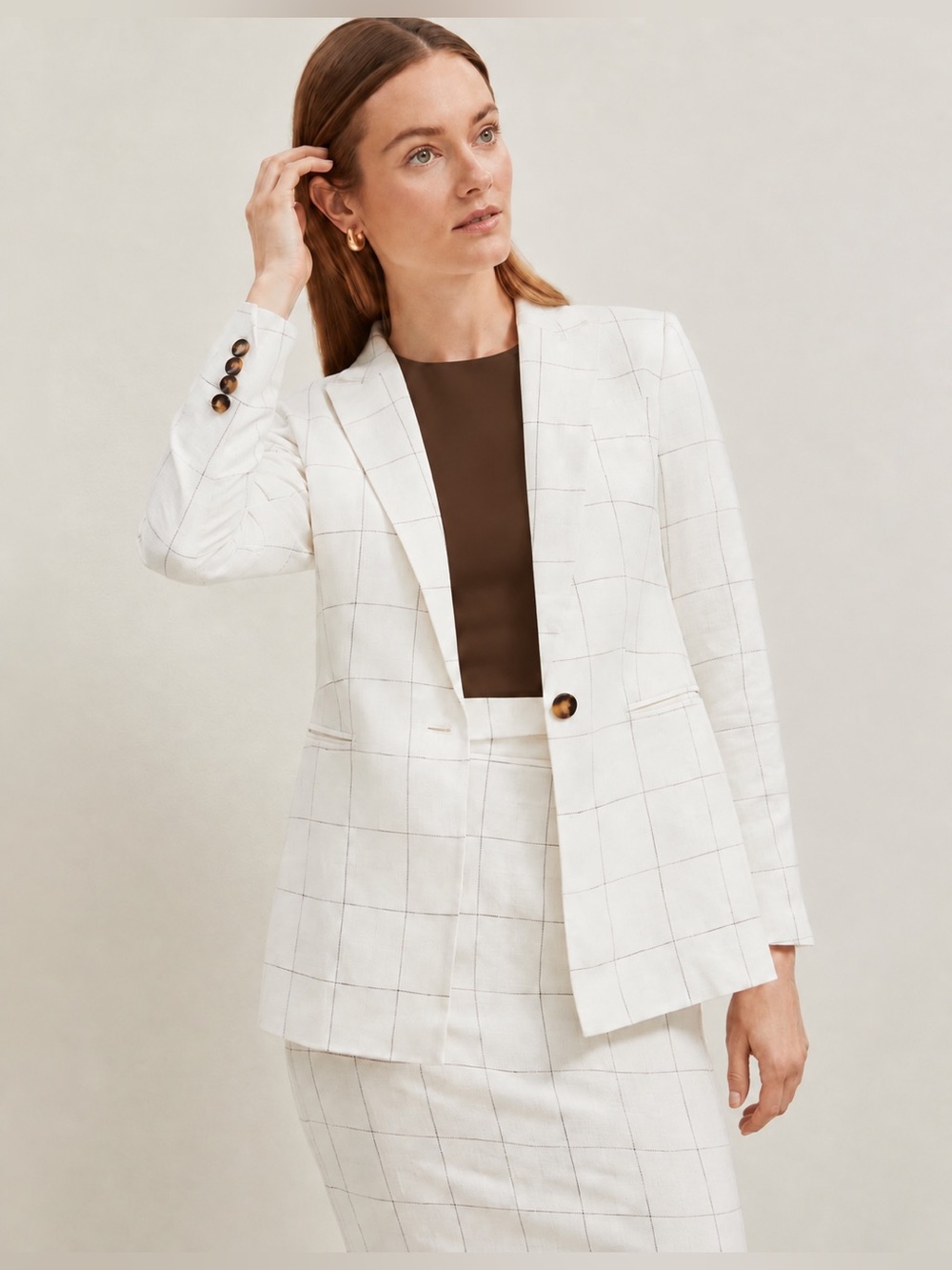 Ann Taylor Full Suit Windowpane Linen Suit Set NWT Blazer 8 Skirt 10